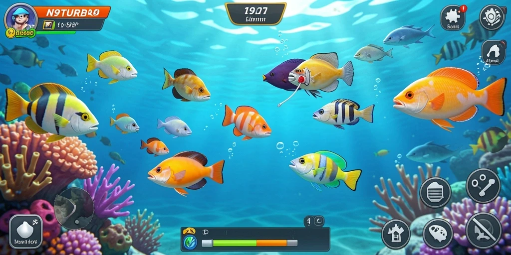Screenshot gameplay N9TURBO menunjukkan aksi menangkap ikan seru.