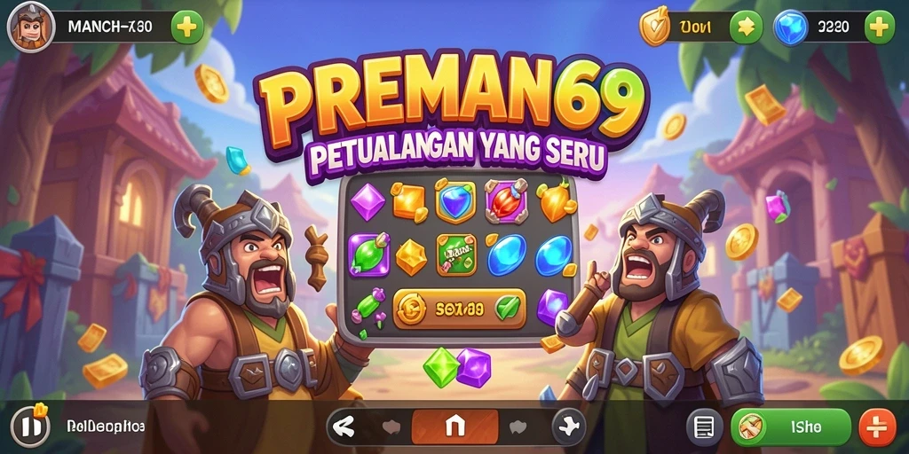 Screenshot utama PREMAN69 menampilkan gameplay Match-3 yang seru dan penuh warna.